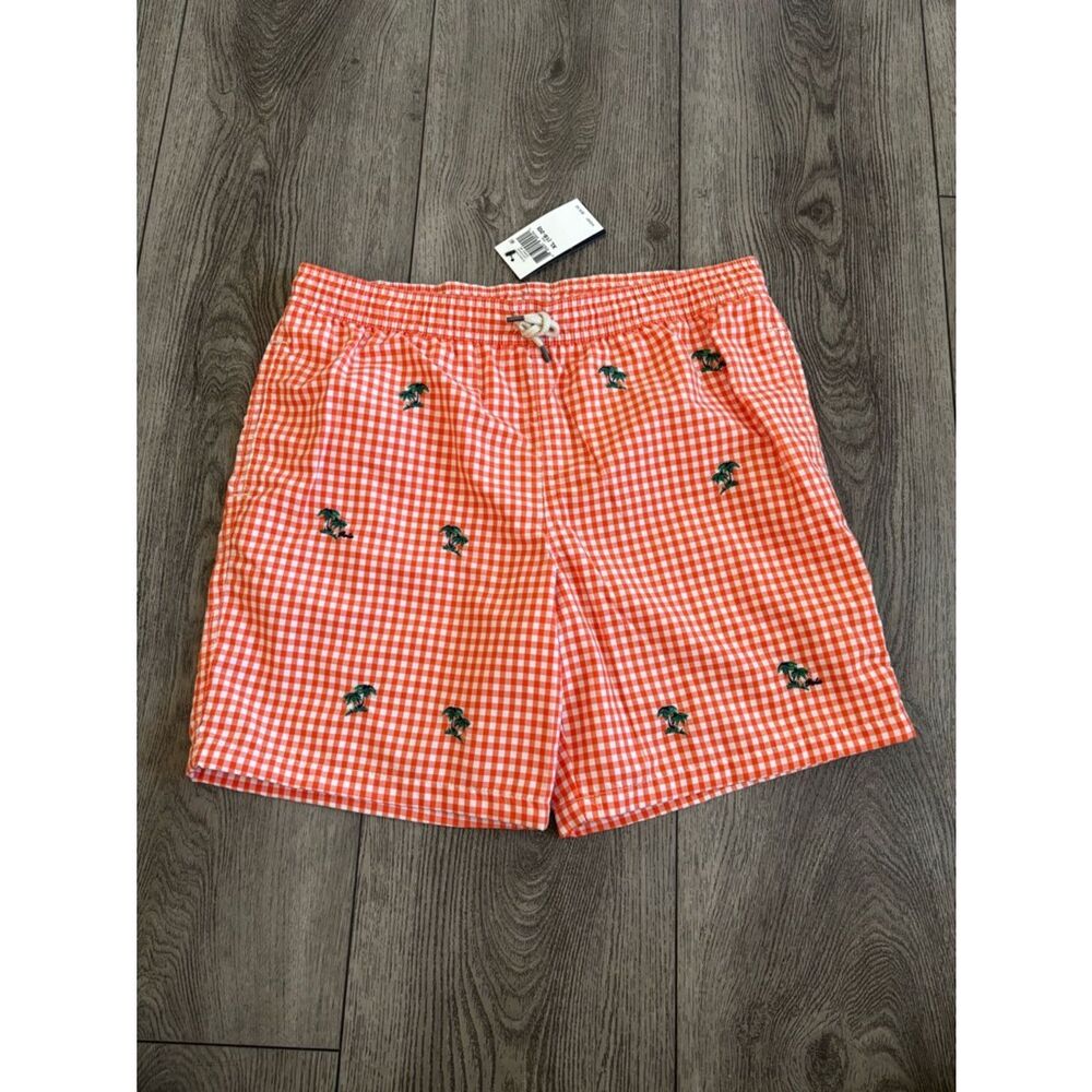 Ralph Lauren Orange and White Gingham Swim Trunks with Palm Embroidery